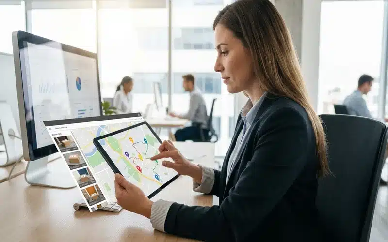 Marketing professional reviewing AI-powered delivery verification on tablet
