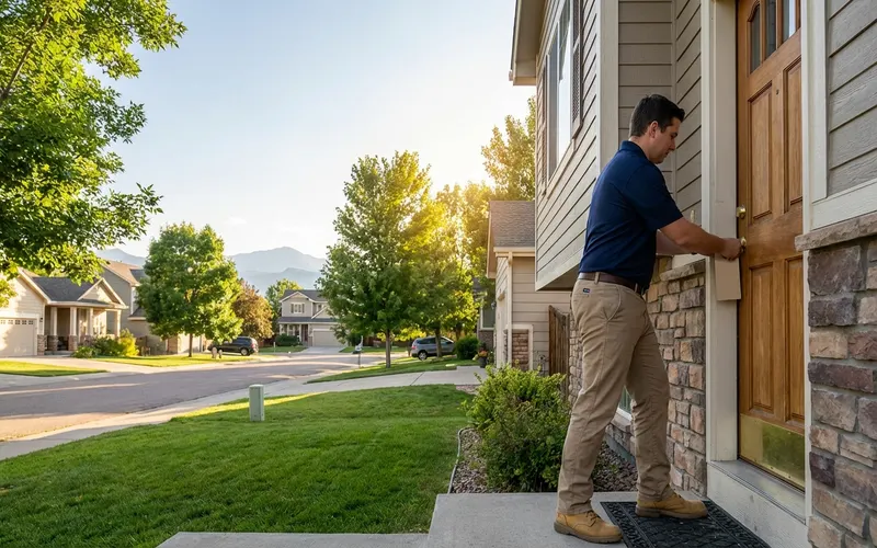 Door Hangers Thornton CO 1 Professional distributor placing door hanger on residential door in Thornton Colorado neighborhood