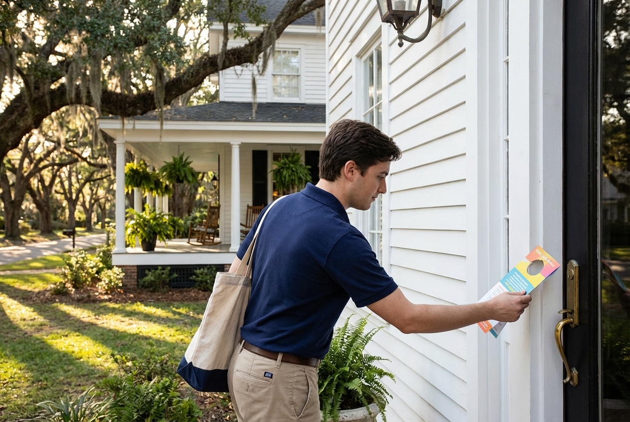Direct to Door Marketing distributor delivering door hangers in a Tallahassee Florida residential neighborhood