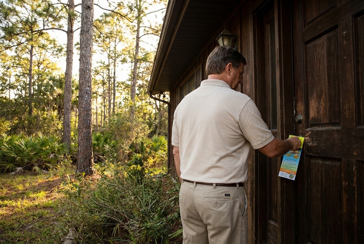 Direct to Door Marketing distributor delivering door hangers in a Spring Hill Florida residential neighborhood
