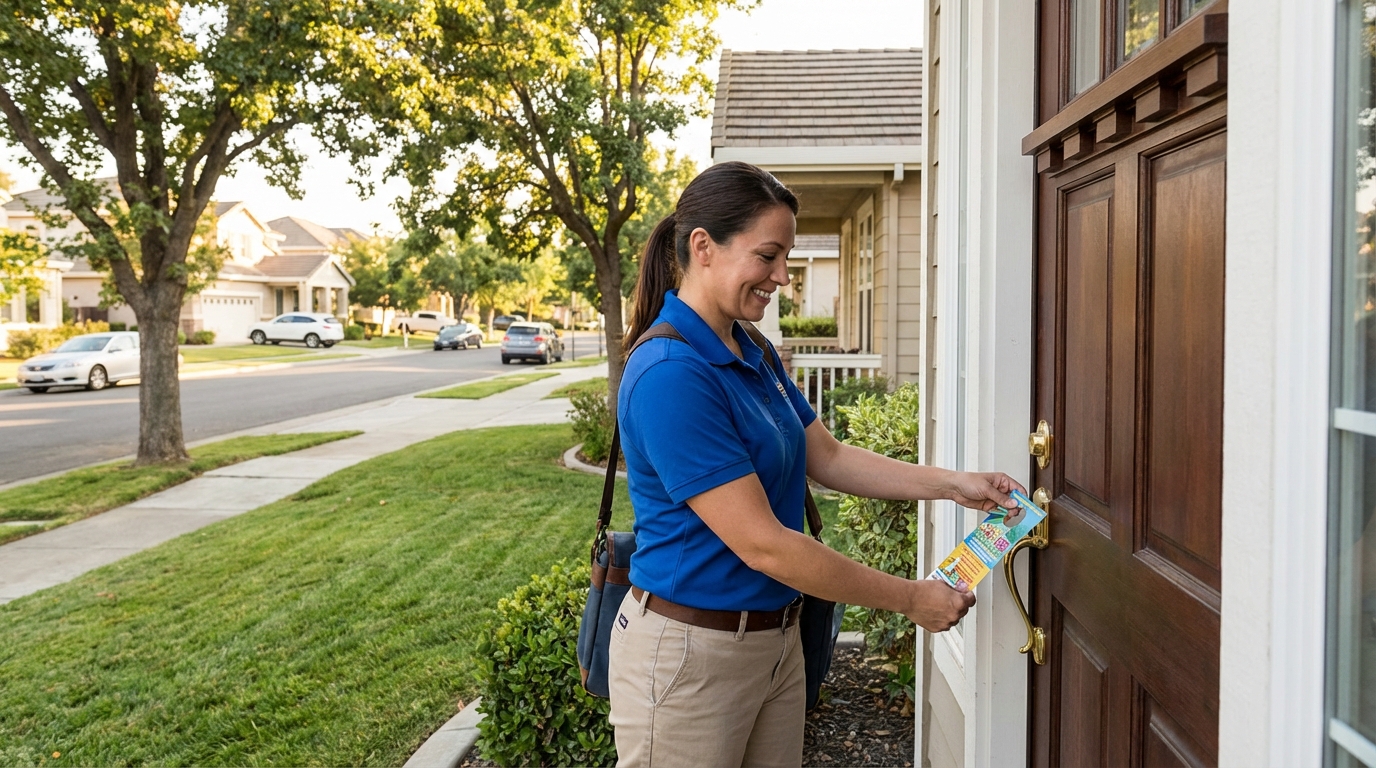 Direct to Door Marketing distributor delivering door hangers in an Elk Grove California residential neighborhood