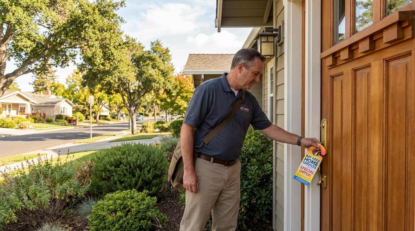 Direct to Door Marketing distributor delivering door hangers in a Fremont California residential neighborhood