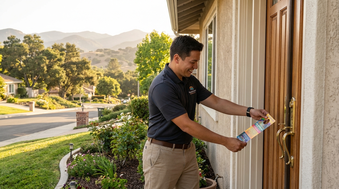 Thousand Oaks CA Door Hanger Distribution | Direct to Door 2 Direct to Door Marketing distributor delivering door hangers in a Thousand Oaks California residential neighborhood with mountain views