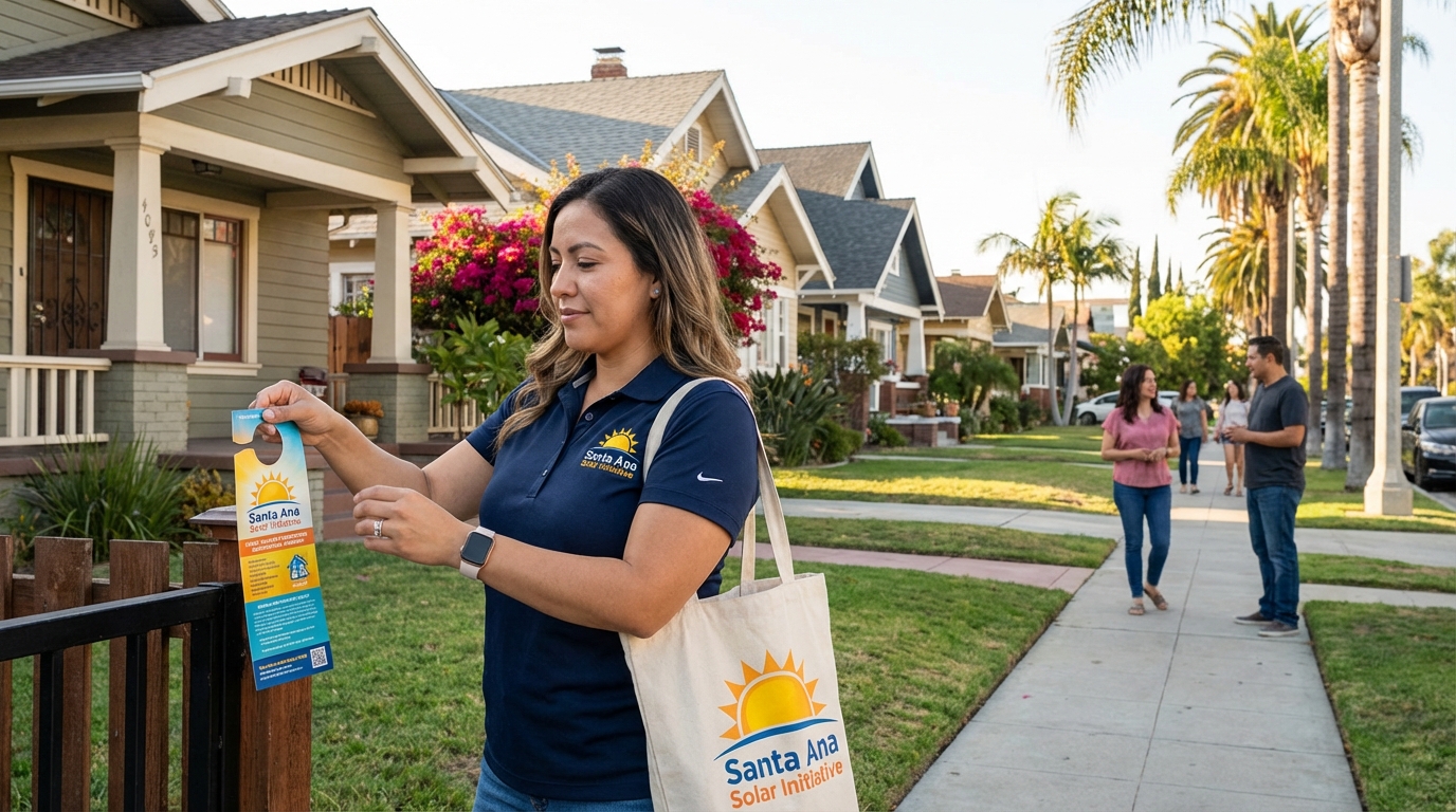 Direct to Door Marketing distributor delivering door hangers in a Santa Ana California residential neighborhood