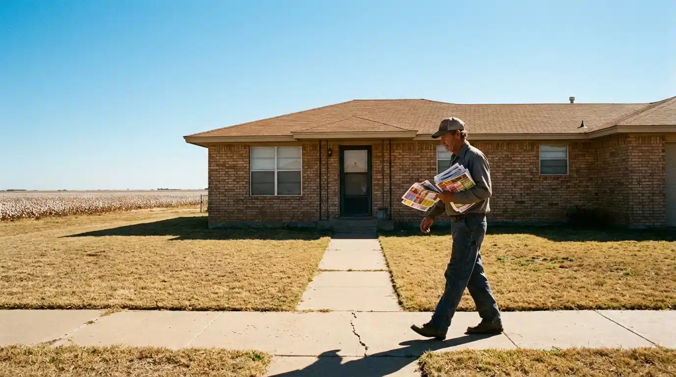 Direct to Door Marketing distributor delivering door hangers in a Lubbock Texas residential neighborhood