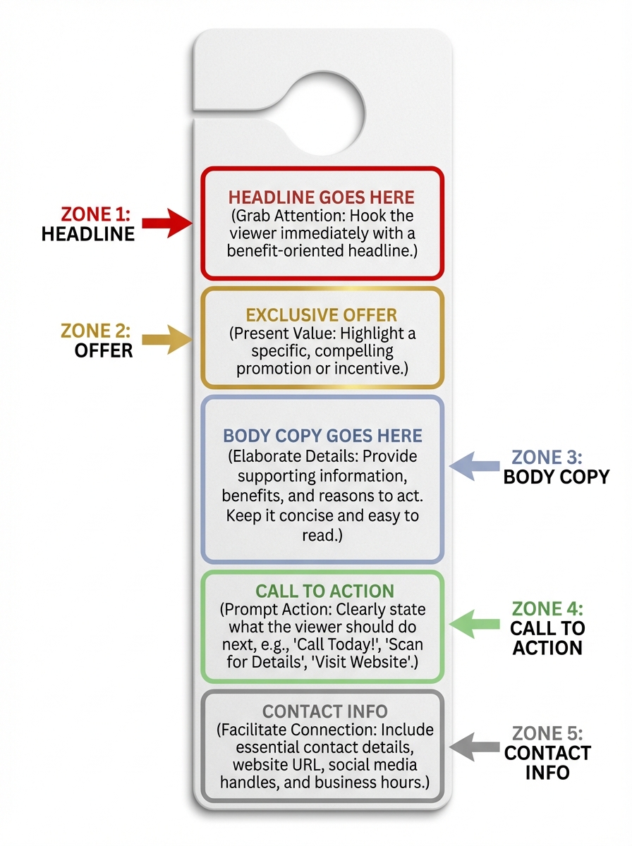 How to Write Door Hanger Copy That Gets Calls: The Complete Copywriting Guide 2 Labeled diagram showing the five copy zones of a high-converting door hanger: headline, offer, body copy, call to action, and contact info