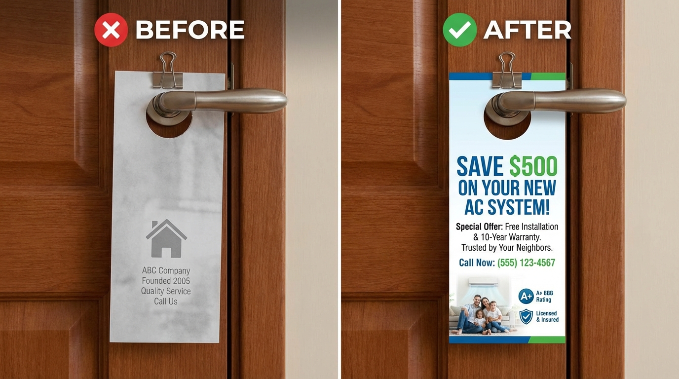 How to Write Door Hanger Copy That Gets Calls: The Complete Copywriting Guide 3 Before and after door hanger copy comparison showing weak generic copy versus strong benefit-focused copy