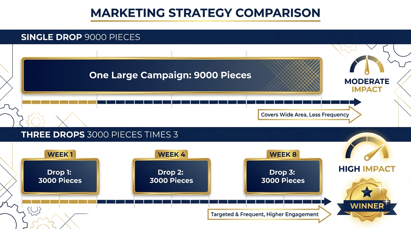 How Many Door Hangers Do I Need? The Complete Neighborhood Targeting Guide (2026) 4 Door hanger frequency versus quantity strategy comparison showing single large drop versus multiple smaller drops over time