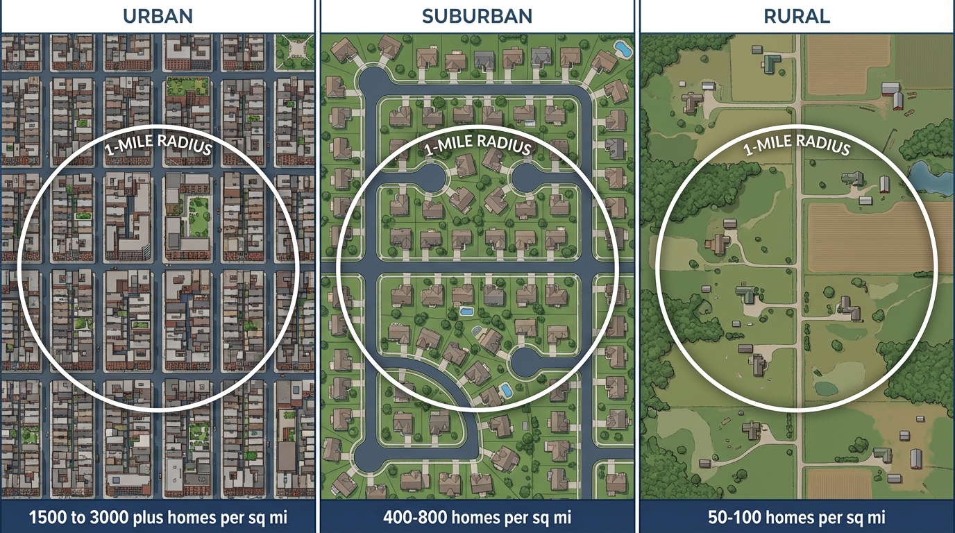 How Many Door Hangers Do I Need? The Complete Neighborhood Targeting Guide (2026) 2 Three panels showing home density comparison for urban, suburban, and rural neighborhoods with door hanger quantity overlays