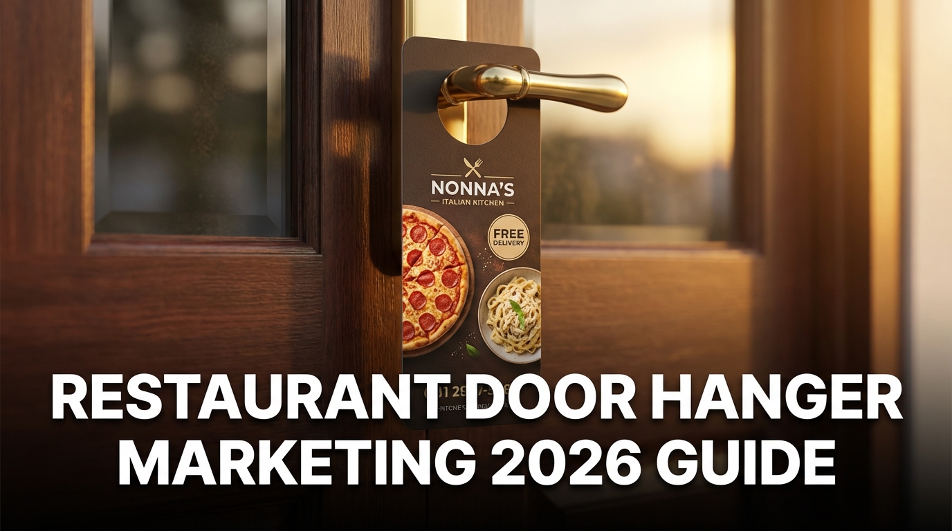 Door Hanger Marketing for Restaurants: The Complete 2026 Guide to Filling Tables and Boosting Orders 1 Door hanger marketing guide for restaurants showing menu door hanger on residential door in 2026