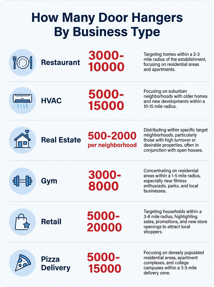 How Many Door Hangers Do I Need? The Complete Neighborhood Targeting Guide (2026) 5 Infographic showing recommended door hanger quantities for six business types: restaurant, HVAC, real estate, gym, retail, and pizza delivery