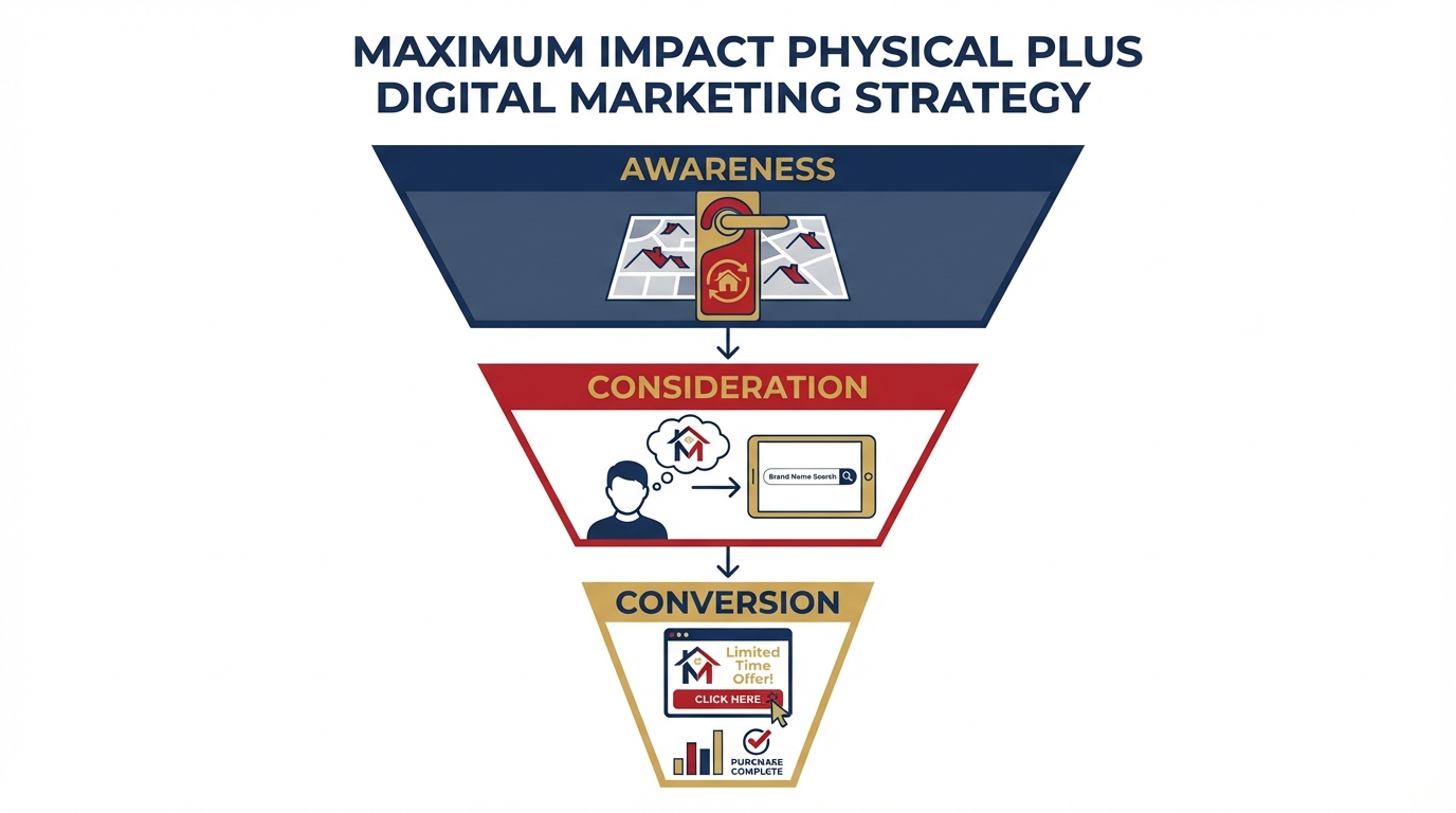 Door Hangers vs Google Ads: Complete Cost & Results Comparison (2026) 5 Diagram showing how door hangers and Google Ads work together in a combined local marketing strategy