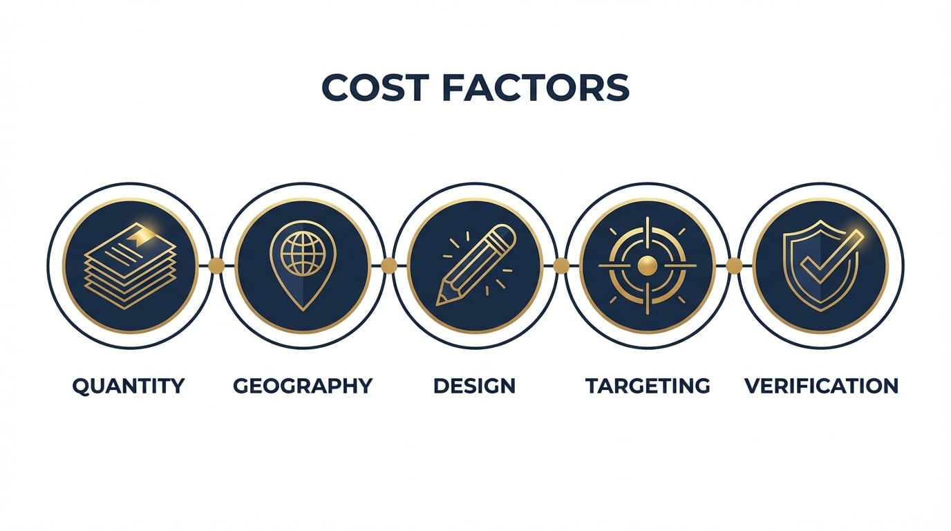 How Much Does Door Hanger Distribution Cost? Complete 2026 Pricing Guide 2 Five factors that affect door hanger distribution cost including quantity, geography, design, targeting, and verification