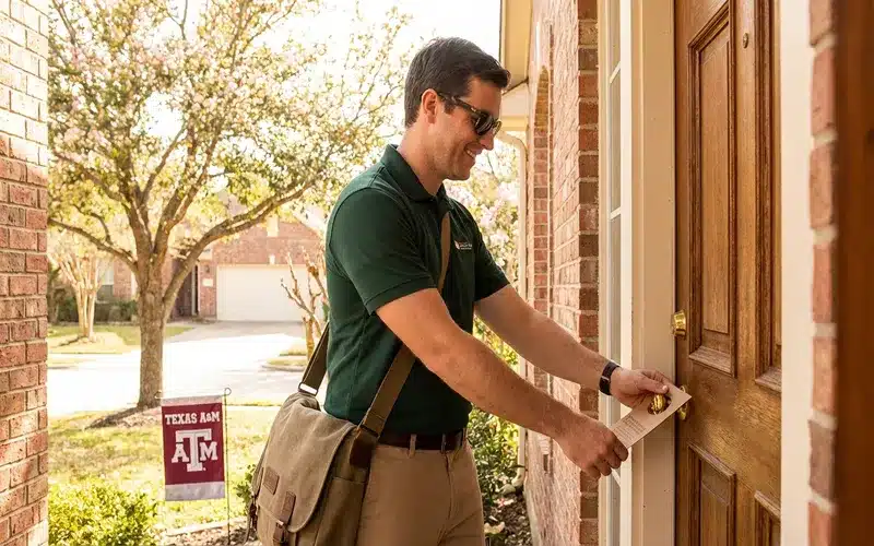 Direct to Door Marketing distributor delivering flyers at a residential door in College Station, Texas
