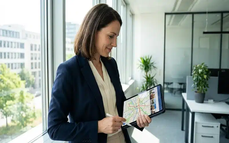 Greensboro Flyer Delivery | Door-to-Door Distribution | Guilford County NC 2 Marketing professional reviewing AI-powered delivery verification on tablet