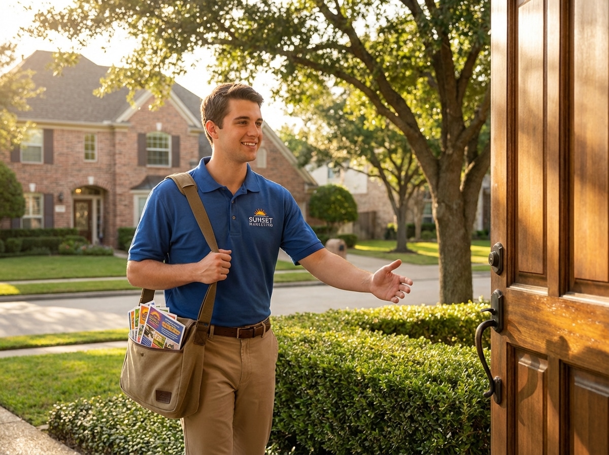 Professional flyer distributor delivering marketing materials to a residential doorstep in a suburban neighborhood