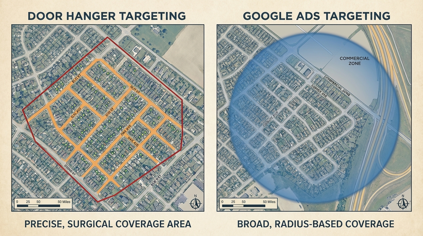 Door Hangers vs Google Ads: Complete Cost & Results Comparison (2026) 3 Map comparison showing precise neighborhood targeting with door hangers versus broader digital targeting zones