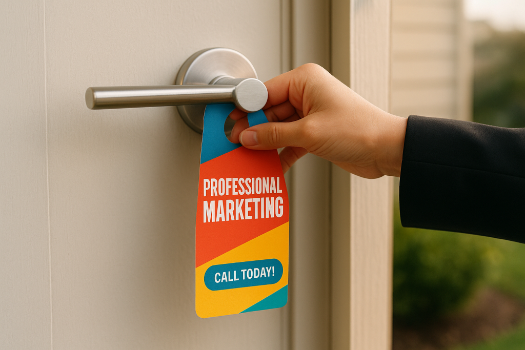 Door Hanger Advertising for New Product Launches Guide 5 marketer placing door hanger on home door