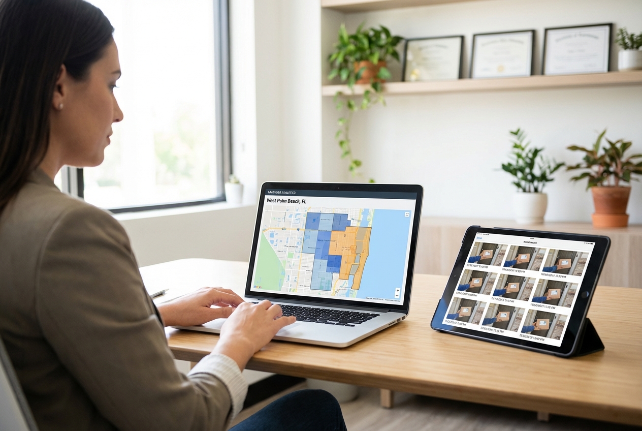 Marketing professional reviewing West Palm Beach door hanger distribution campaign analytics and delivery verification data