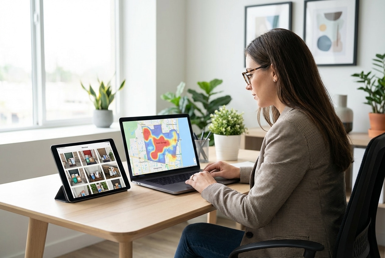 Marketing professional reviewing Coral Springs door hanger distribution campaign analytics and delivery verification data