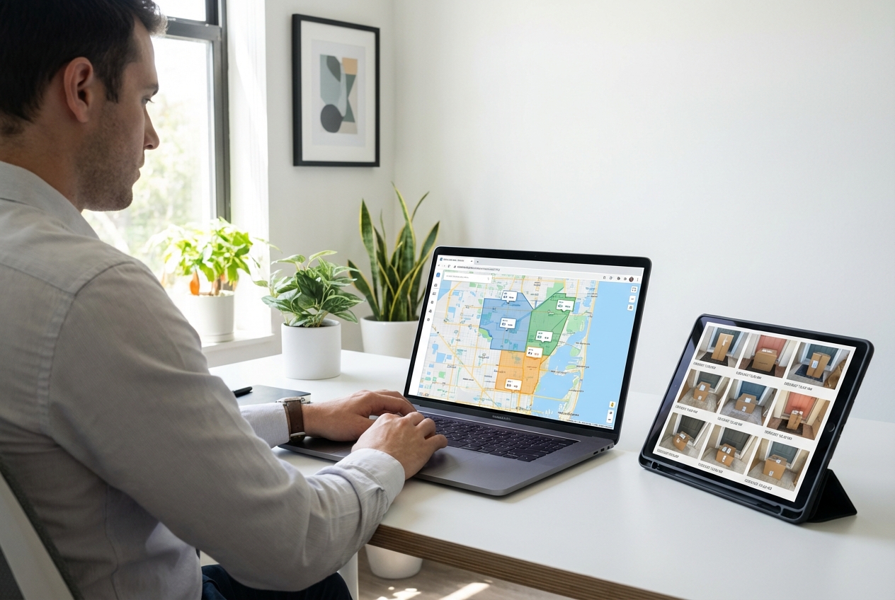 Marketing professional reviewing Miami Gardens door hanger distribution campaign analytics and delivery verification data