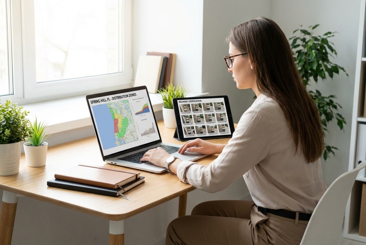 Marketing professional reviewing Spring Hill door hanger distribution campaign analytics and delivery verification data