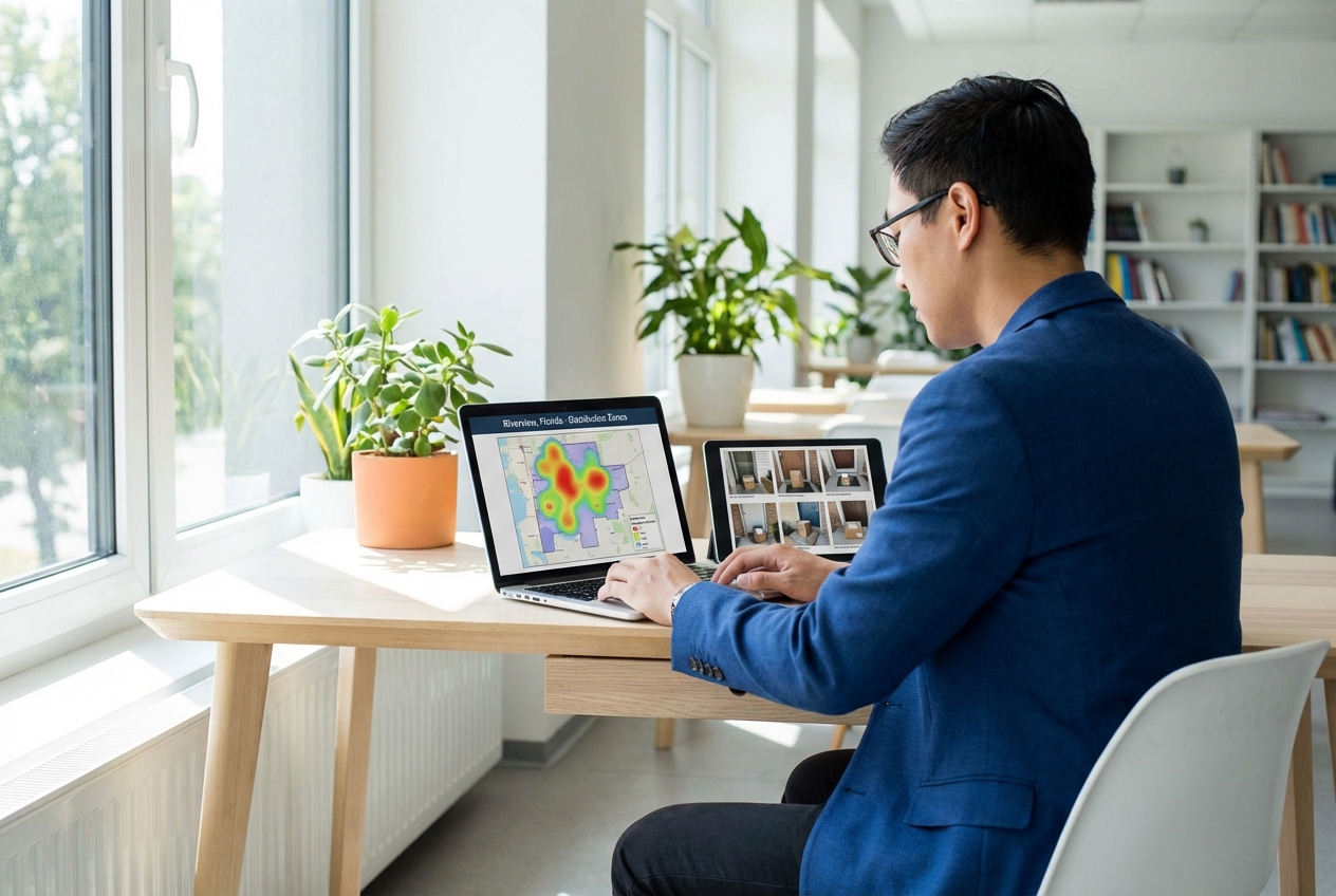 Marketing professional reviewing Riverview door hanger distribution campaign analytics and delivery verification data