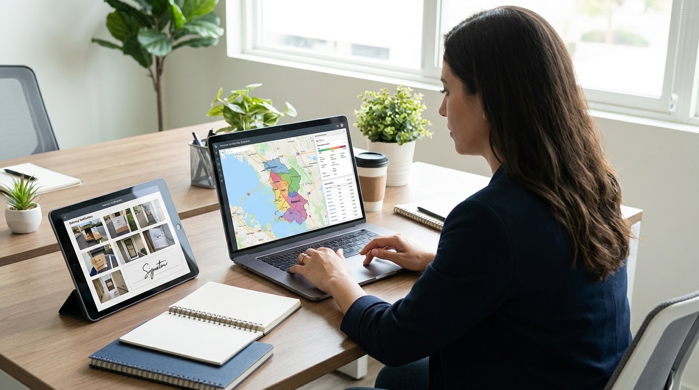 Marketing professional reviewing Fremont door hanger distribution campaign analytics and delivery verification data