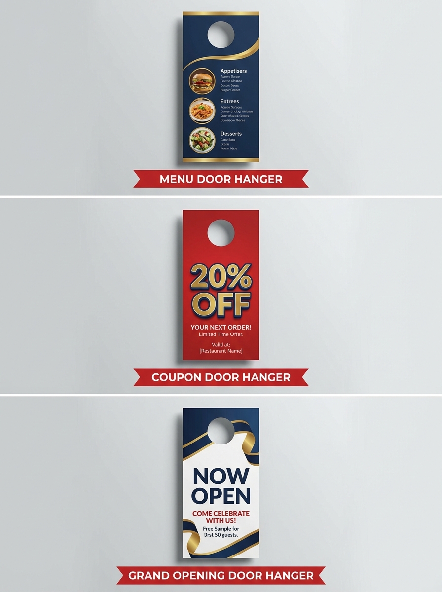 Door Hanger Marketing for Restaurants: The Complete 2026 Guide to Filling Tables and Boosting Orders 2 Three restaurant door hanger design examples showing menu-focused, coupon-focused, and grand opening layouts