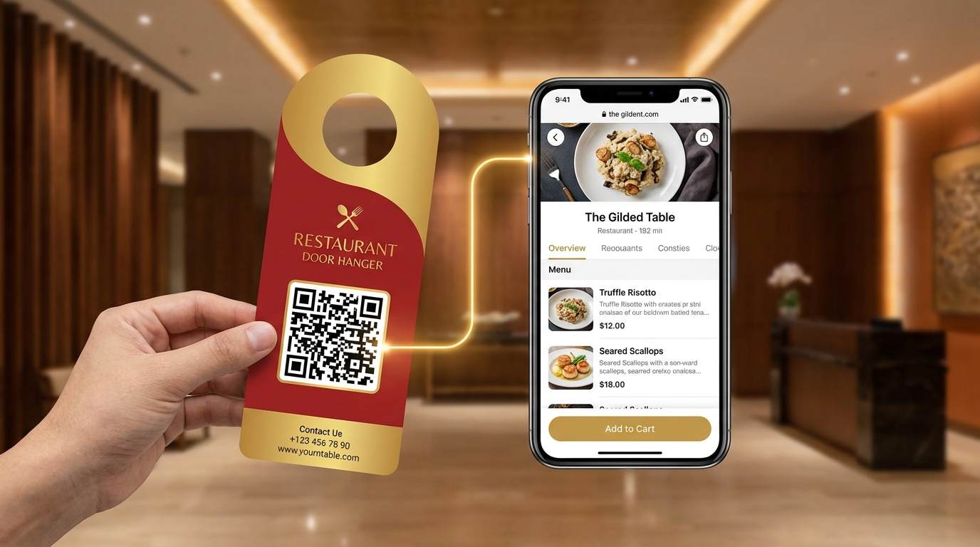 Door Hanger Marketing for Restaurants: The Complete 2026 Guide to Filling Tables and Boosting Orders 5 Restaurant door hanger with QR code linking to online ordering, showing phone scanning the code