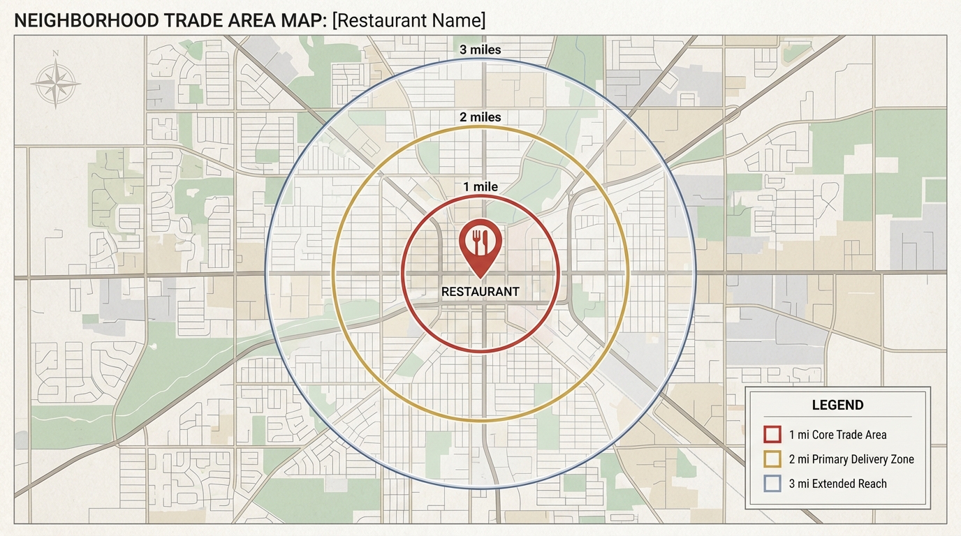 Door Hanger Marketing for Restaurants: The Complete 2026 Guide to Filling Tables and Boosting Orders 3 Restaurant door hanger targeting radius map showing 1-mile, 2-mile, and 3-mile delivery zones around a restaurant location
