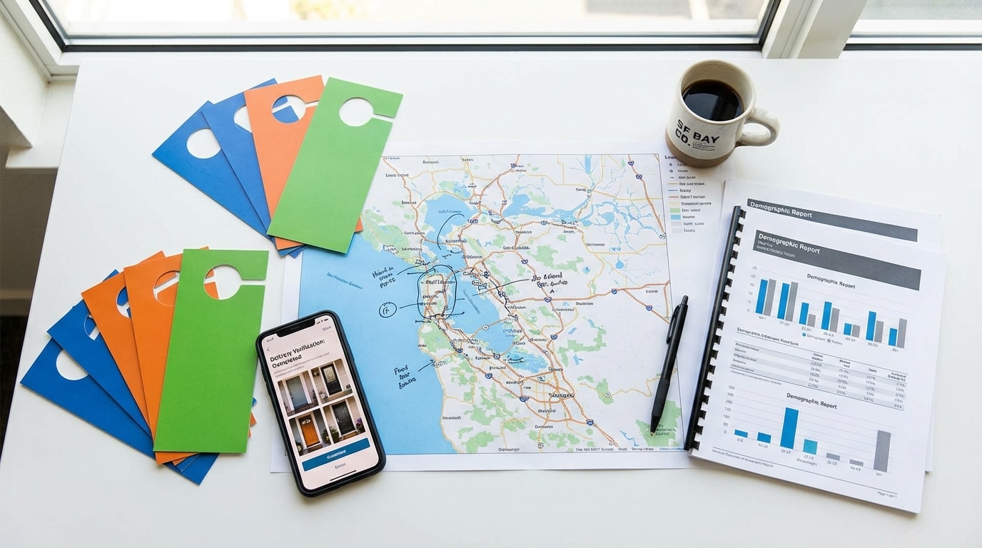 Marketing campaign planning workspace with San Francisco distribution maps, door hanger samples, and delivery verification reports