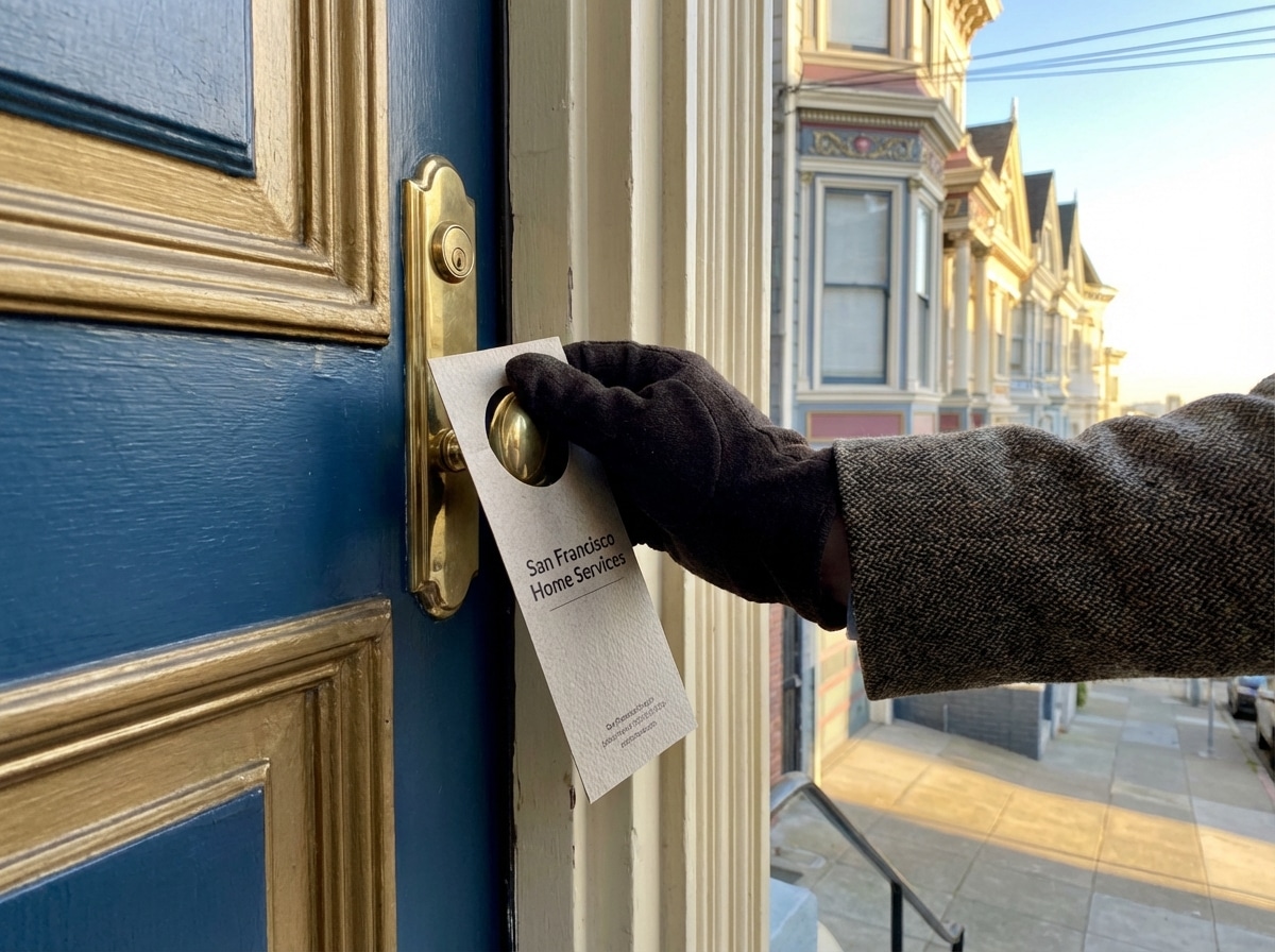 Professional door hanger distributor delivering marketing materials at a classic San Francisco Victorian home