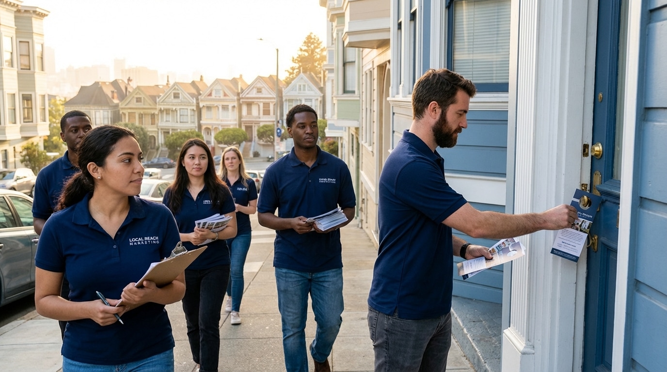 Direct to Door Marketing distribution team delivering door hangers through a San Francisco Victorian neighborhood