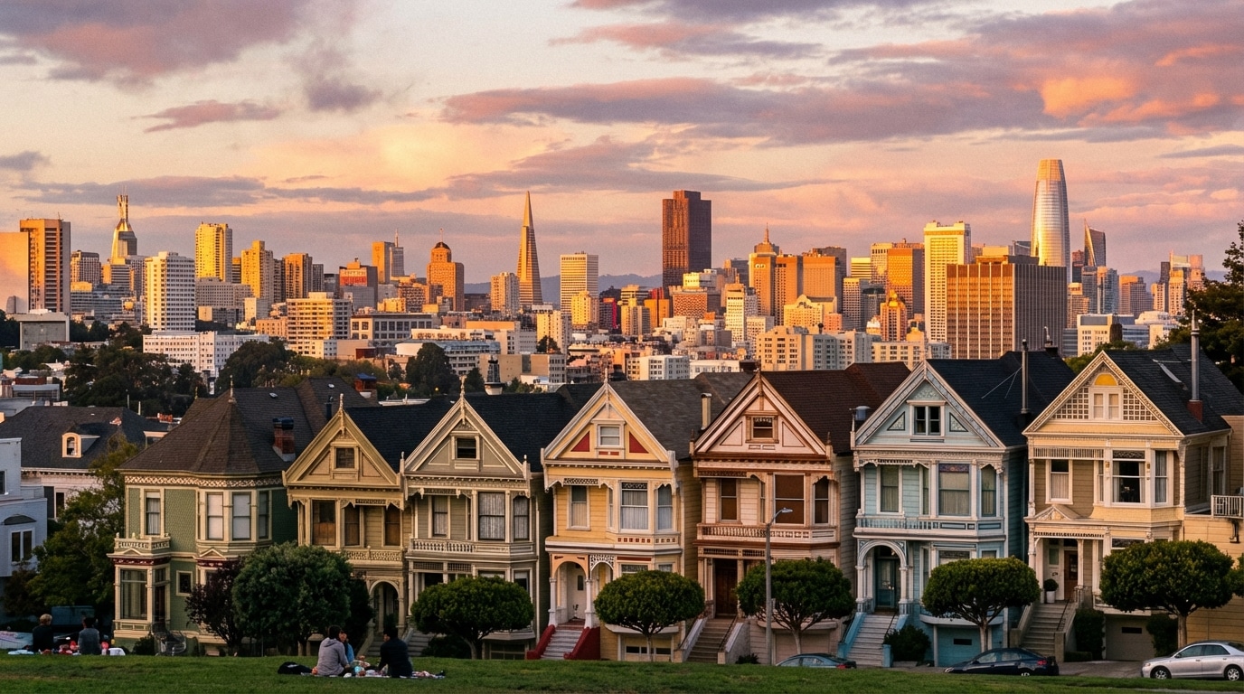 San Francisco Painted Ladies Victorian homes with city skyline at sunset — Direct to Door Marketing covers every SF neighborhood