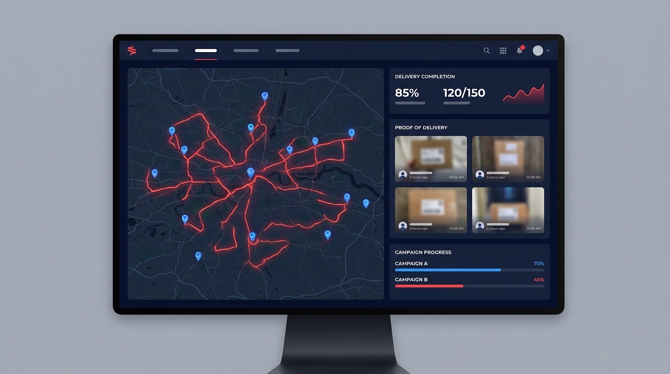 Direct to Door Marketing AI Management Platform tracking flyer distribution routes across 7 Oklahoma City metro counties with real-time Proof of Delivery photos
