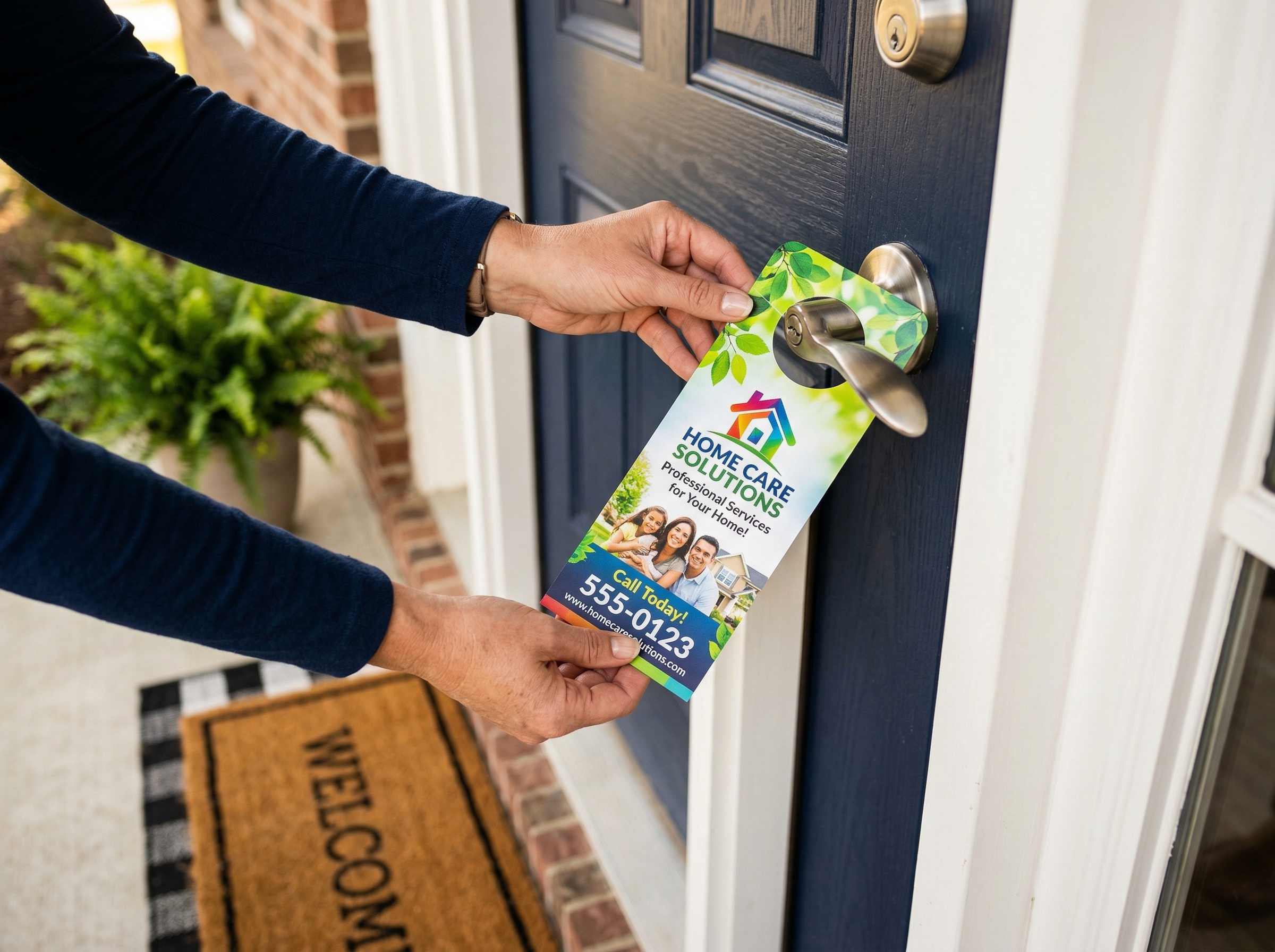 Door-to-Door Distributors | Professional Delivery Network | Direct to Door 1 Professional door-to-door distributor placing a marketing piece at a residential door