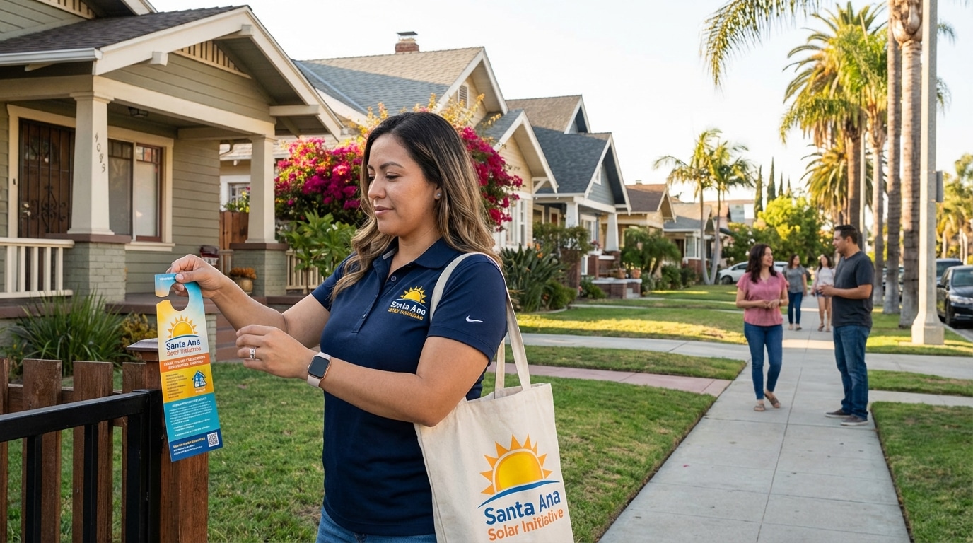 Direct to Door Marketing distributor delivering door hangers in a Santa Ana California residential neighborhood