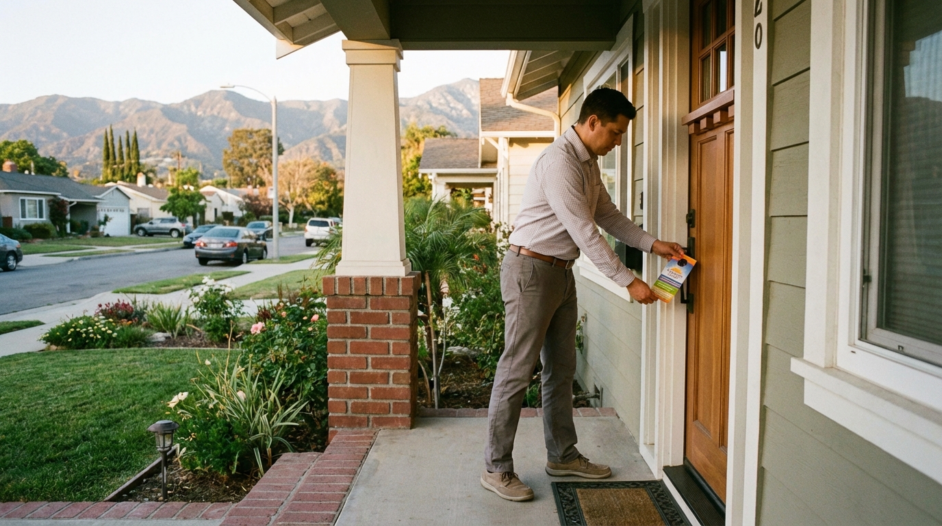 Glendale CA Door Hanger Distribution | Direct to Door Marketing 2 Direct to Door Marketing distributor delivering door hangers in a Glendale California hillside neighborhood
