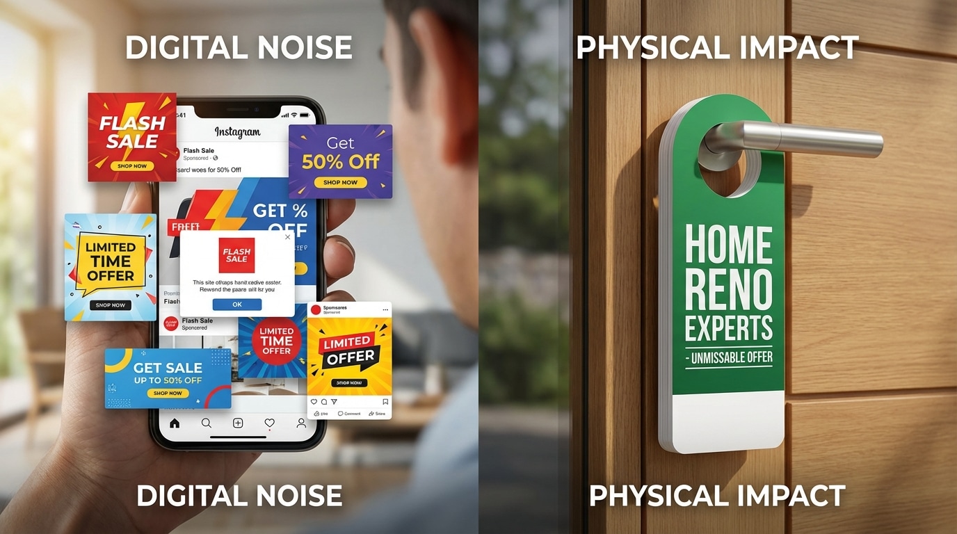 Smartphone overwhelmed with digital ad clutter next to a clean door hanger placed on a front door