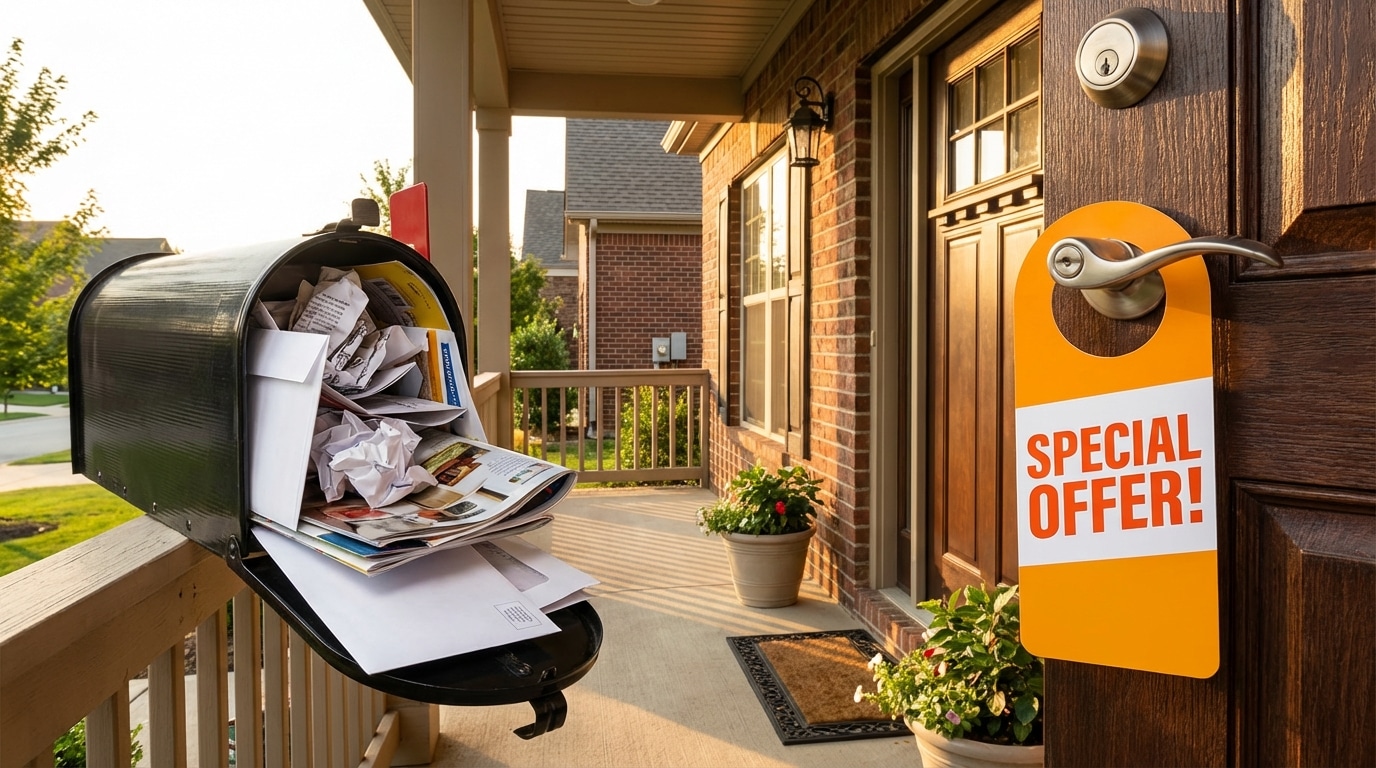 Mailbox overflowing with bulk direct mail next to a clean door hanger displayed on a front door