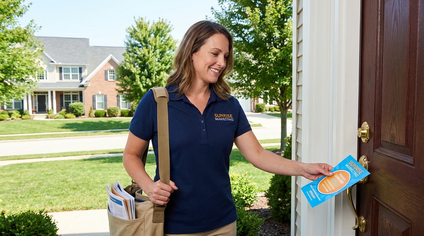 Professional distributor placing marketing flyer on a residential door in an Oklahoma City neighborhood
