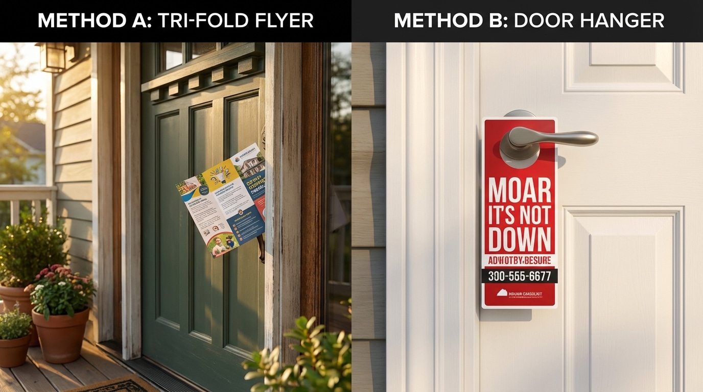 Split-screen comparing a marketing flyer tucked in a door versus a door hanger on a handle