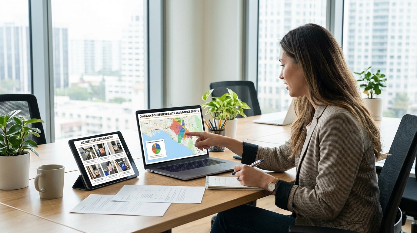 Marketing professional reviewing Santa Ana door hanger distribution campaign analytics and delivery verification data