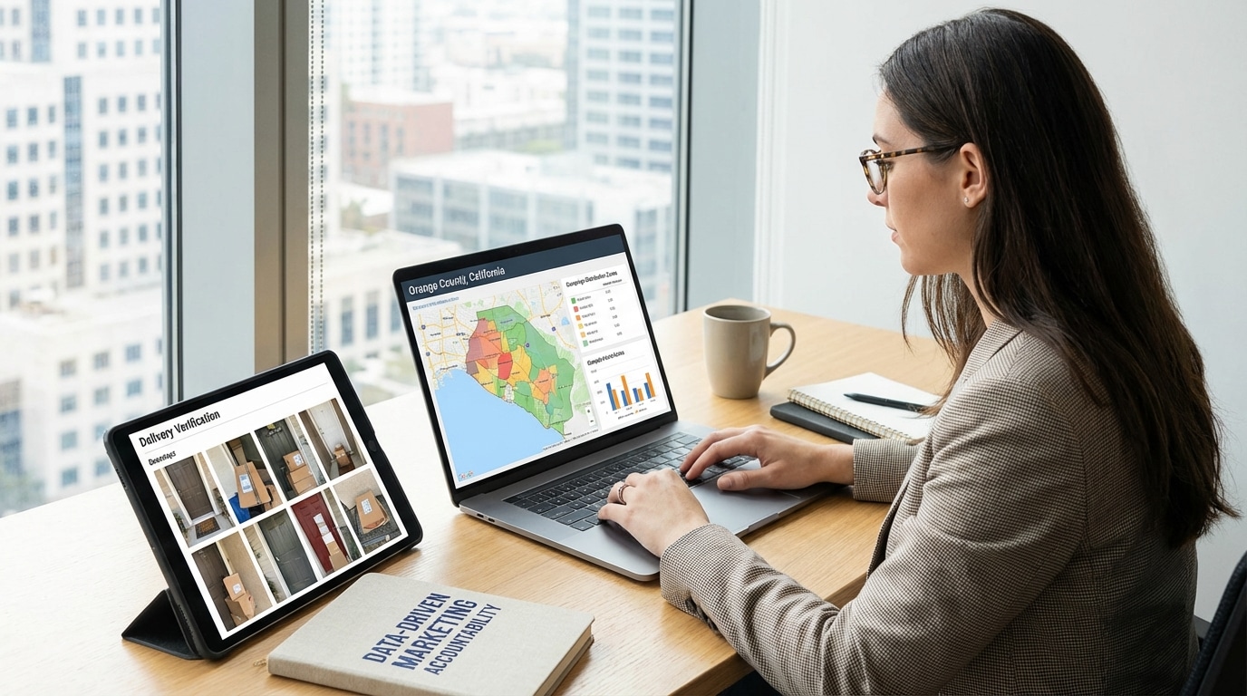 Marketing professional reviewing Garden Grove door hanger distribution campaign analytics and delivery verification data