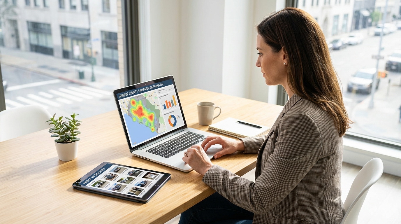 Irvine CA Door Hanger Distribution | Direct to Door Marketing 3 Marketing professional reviewing Irvine door hanger distribution campaign analytics