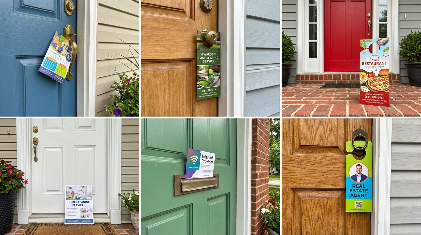 Collage of Proof of Delivery photos showing flyers delivered to residential doors across the Oklahoma City metro area