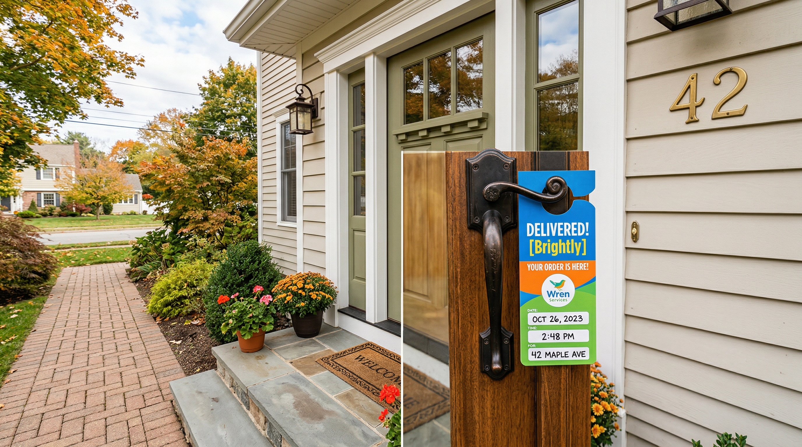 Proof of delivery photo showing a flyer placed at a residential doorstep with timestamp verification