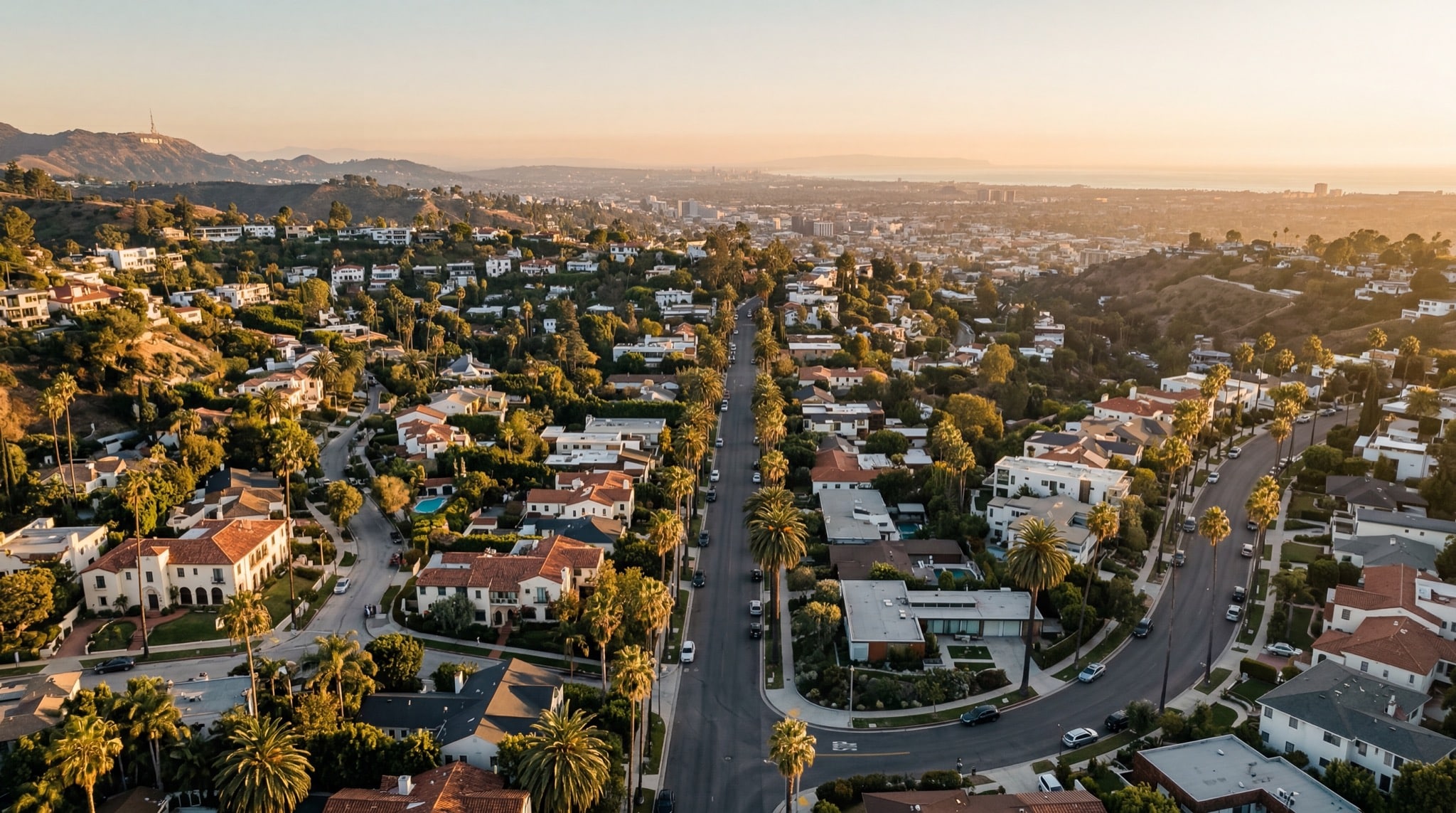 Beautiful Los Angeles residential neighborhood at golden hour