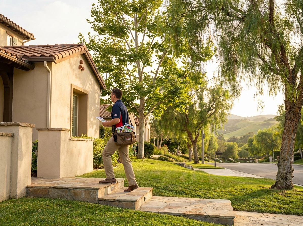 Door hanger distribution team delivering marketing materials to residential homes in Mission Viejo
